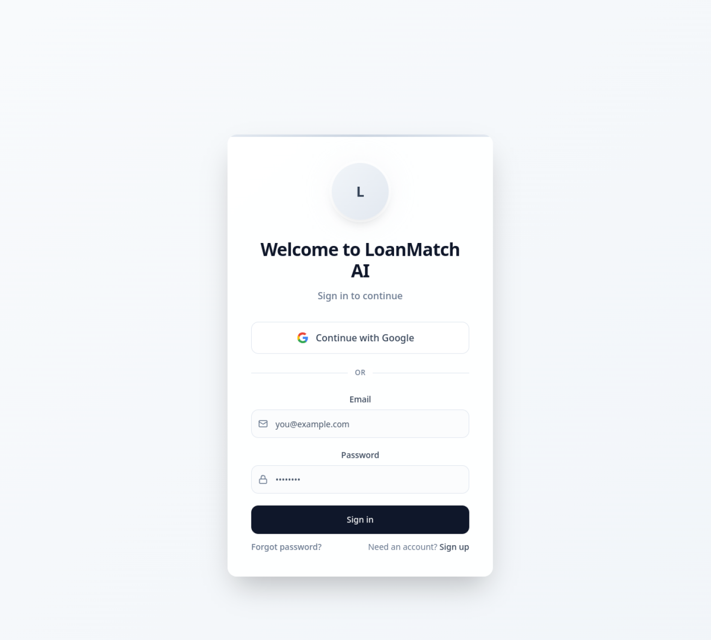 Current public LoanMatch platform login screen